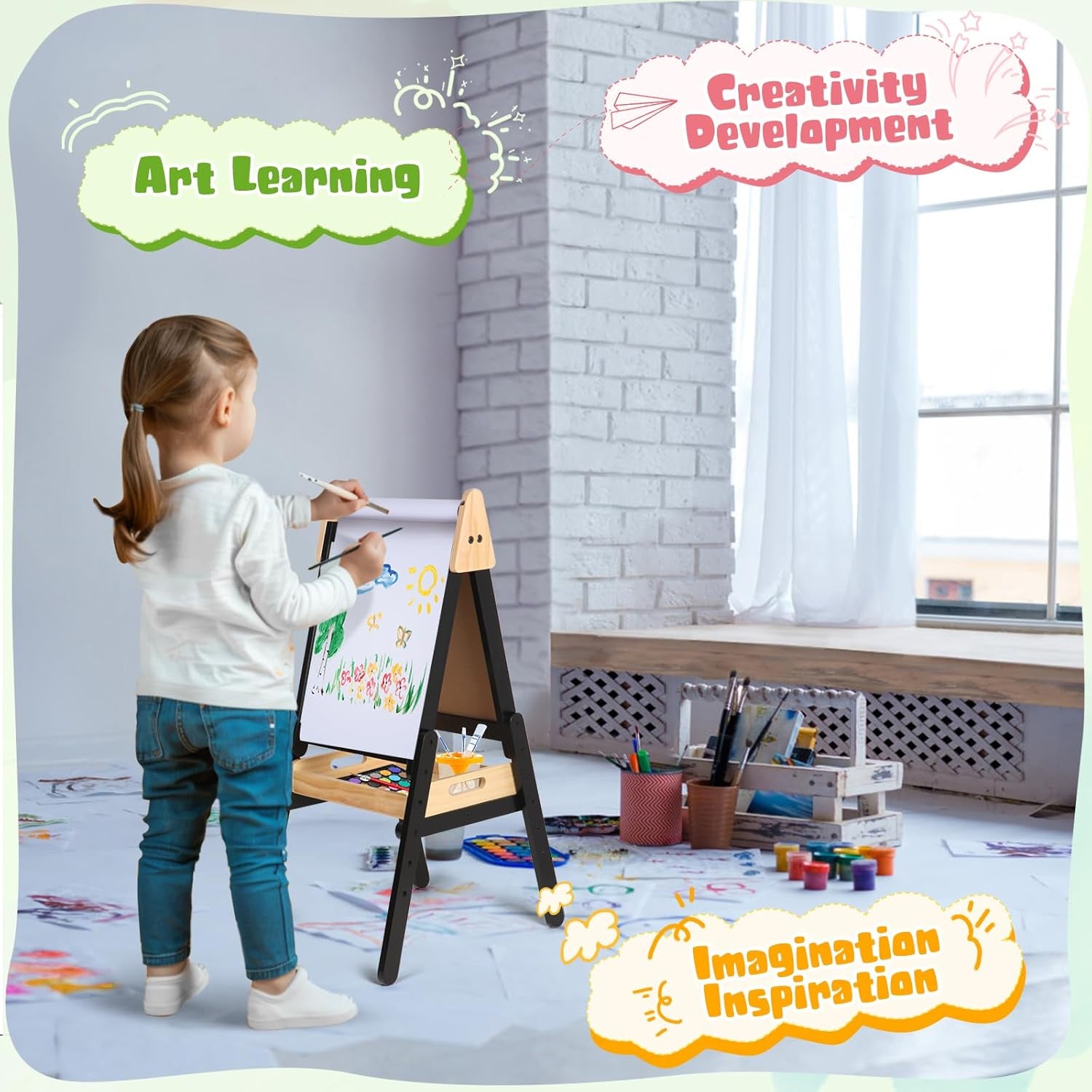 Exciting 3-in-1 Adjustable Easel for Kids - Double-Sided Wooden Art Station with Paper Roll, Magnetic Whiteboard & Chalkboard for Creative Fun! Perfect for Toddlers Aged 2-5!