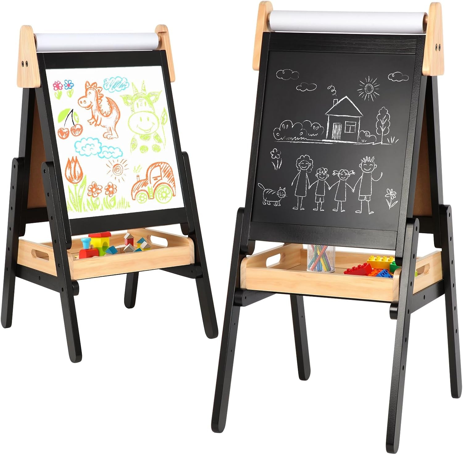 Exciting 3-in-1 Adjustable Easel for Kids - Double-Sided Wooden Art Station with Paper Roll, Magnetic Whiteboard & Chalkboard for Creative Fun! Perfect for Toddlers Aged 2-5!