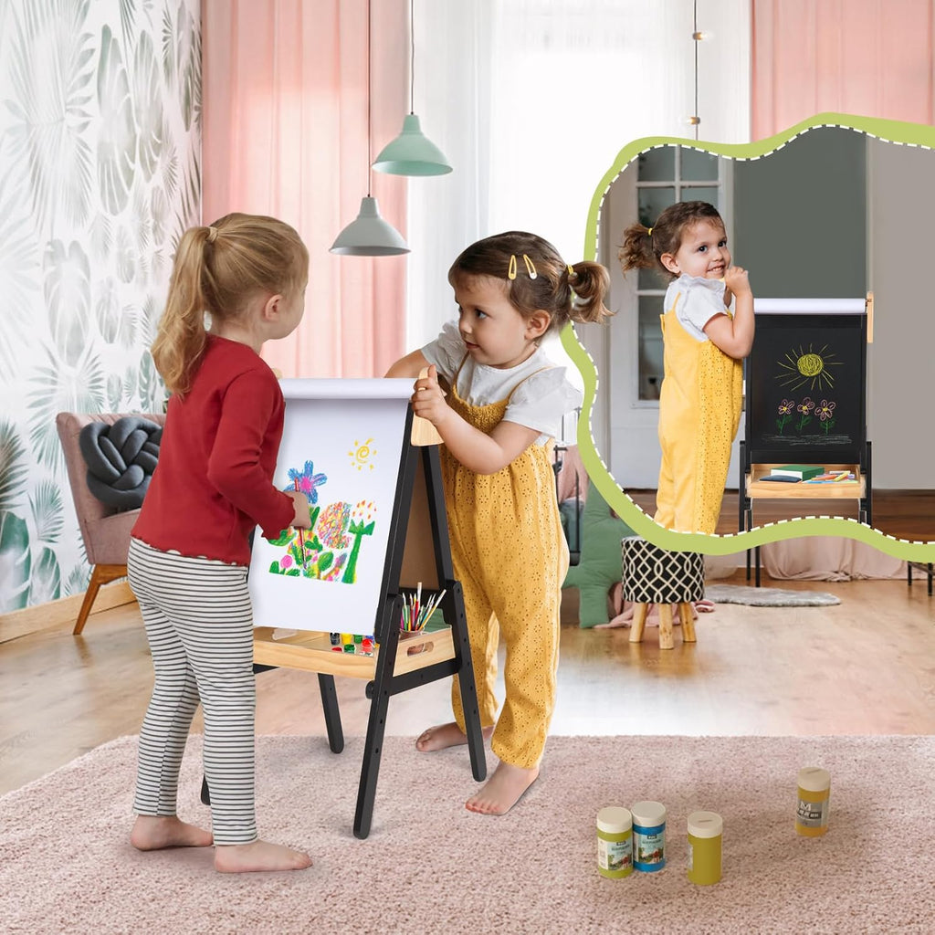 Exciting 3-in-1 Adjustable Easel for Kids - Double-Sided Wooden Art Station with Paper Roll, Magnetic Whiteboard & Chalkboard for Creative Fun! Perfect for Toddlers Aged 2-5!