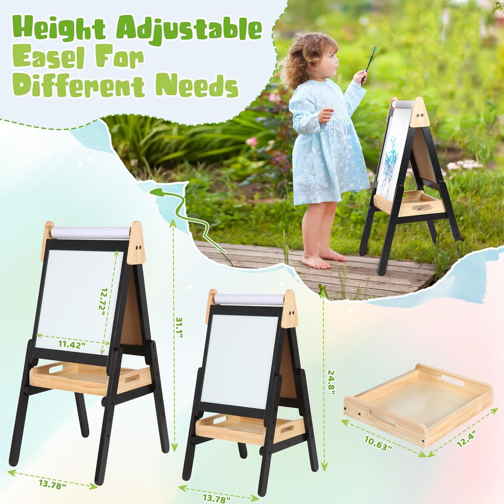 Exciting 3-in-1 Adjustable Easel for Kids - Double-Sided Wooden Art Station with Paper Roll, Magnetic Whiteboard & Chalkboard for Creative Fun! Perfect for Toddlers Aged 2-5!