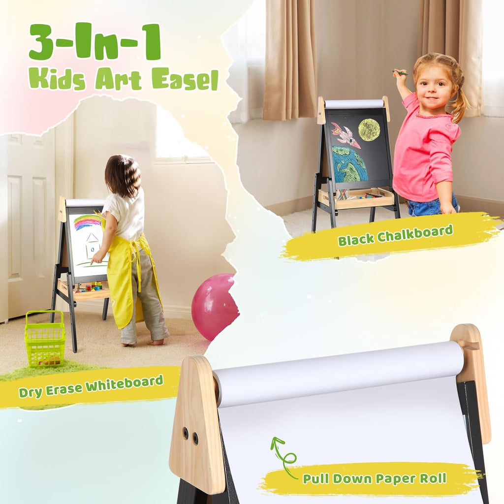 Exciting 3-in-1 Adjustable Easel for Kids - Double-Sided Wooden Art Station with Paper Roll, Magnetic Whiteboard & Chalkboard for Creative Fun! Perfect for Toddlers Aged 2-5!