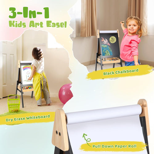 Exciting 3-in-1 Adjustable Easel for Kids - Double-Sided Wooden Art Station with Paper Roll, Magnetic Whiteboard & Chalkboard for Creative Fun! Perfect for Toddlers Aged 2-5!