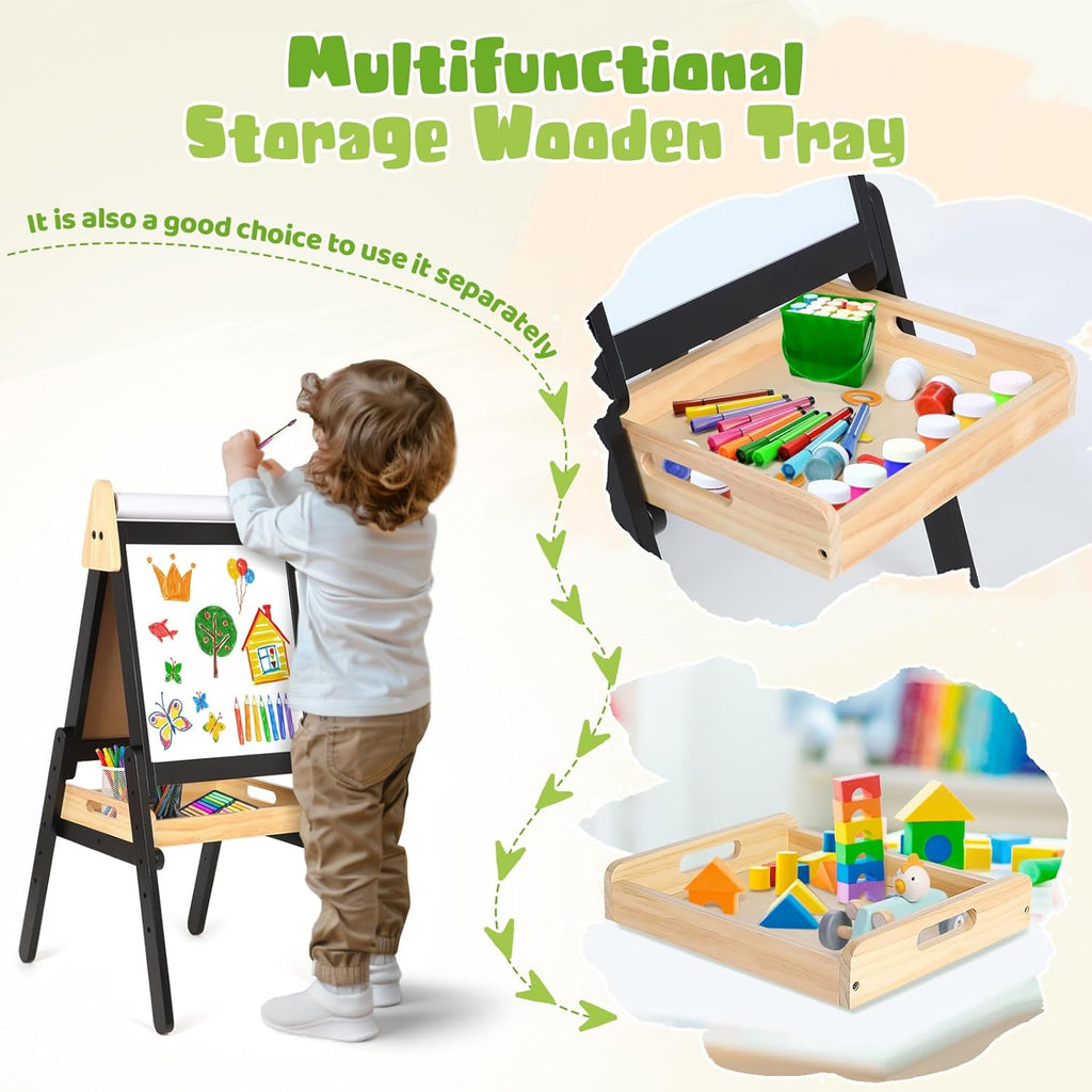 Exciting 3-in-1 Adjustable Easel for Kids - Double-Sided Wooden Art Station with Paper Roll, Magnetic Whiteboard & Chalkboard for Creative Fun! Perfect for Toddlers Aged 2-5!