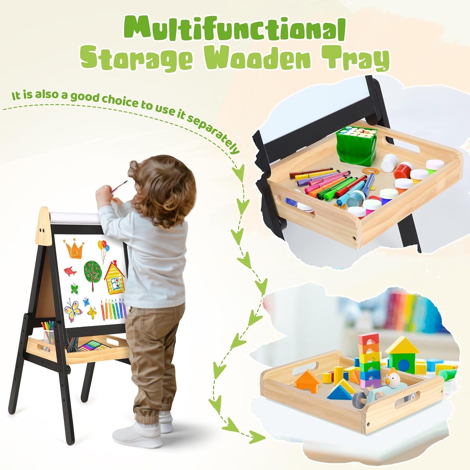 Exciting 3-in-1 Adjustable Easel for Kids - Double-Sided Wooden Art Station with Paper Roll, Magnetic Whiteboard & Chalkboard for Creative Fun! Perfect for Toddlers Aged 2-5!